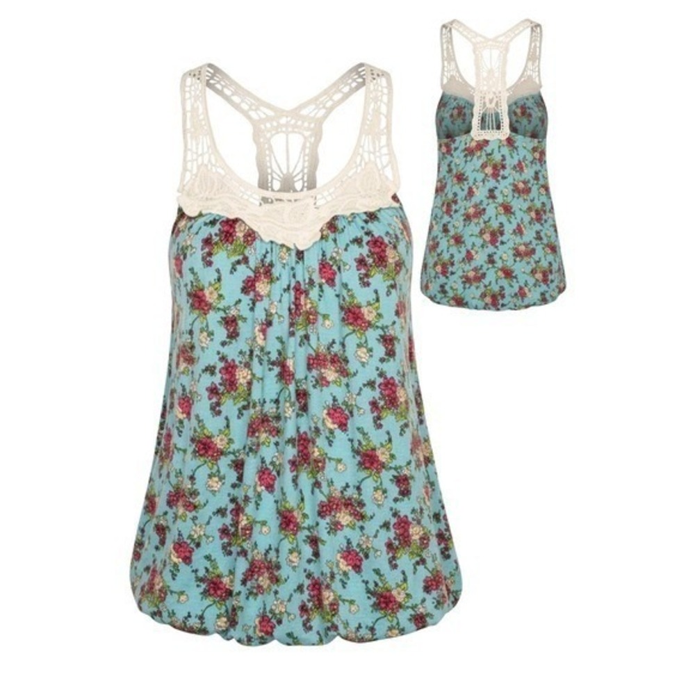 Iris Floral Crochet Lace Racerback Bubble Hem Tank Top Blue Pink Boho Sleeveless